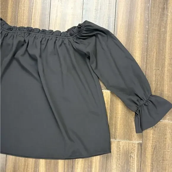 Lulu's size S Black Ruched Blouse Flowy Elastic Cuffs wide Round Neck Long Sleev - Picture 3 of 11